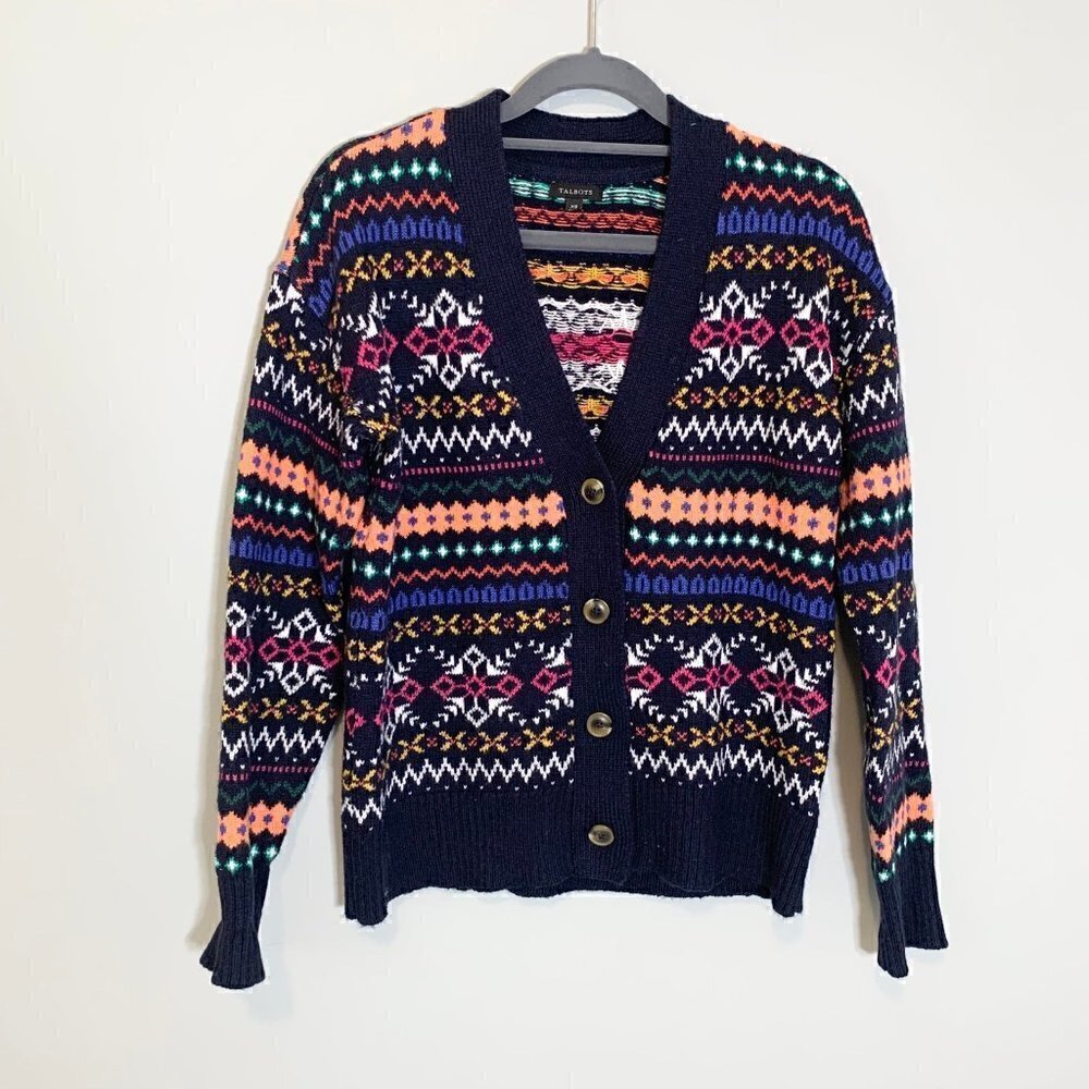 Talbots Womens XS Navy Multi Color Fair Isle Button‎ Front Cardigan Sweater